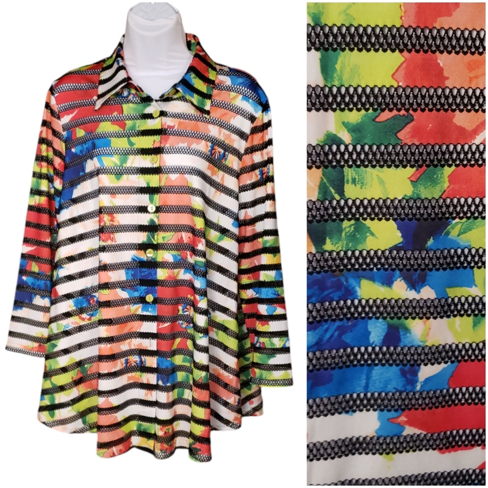 PLEATS COLLECTION sheer stripe floral tunic